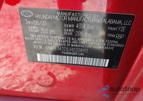 2020 Hyundai Sonata Sel Plus из США, поврежденный, VIN 5NPEJ4J21LH020890